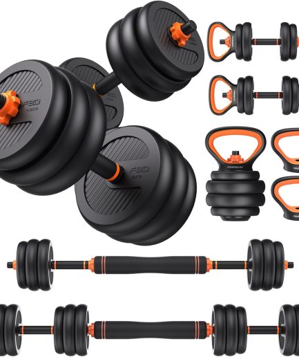 FEIERDUN Adjustable Dumbbells, 20/30/40/45/70/90lbs Free Weight Set with Connector, 5 in1 Dumbbells Set Used as Barbell, Kettlebells, Push up Stand